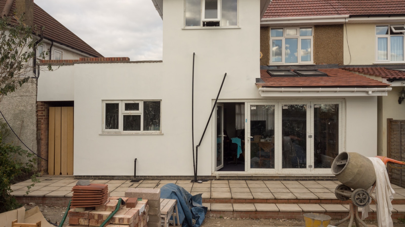 Residential property undergoing exterior renovation work